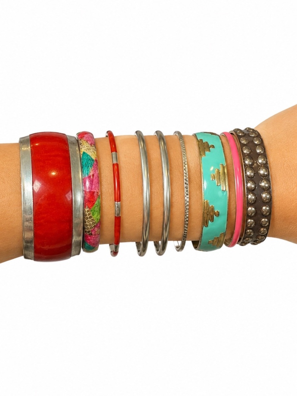 Lot of 9 Bangle Stacking Bracelets Mixed Metals Silver Red Pink Gold Turquoise